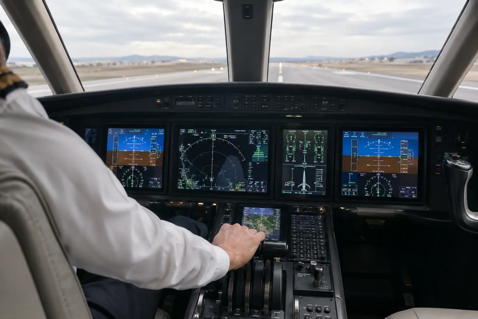 Business jet cockpit before departure