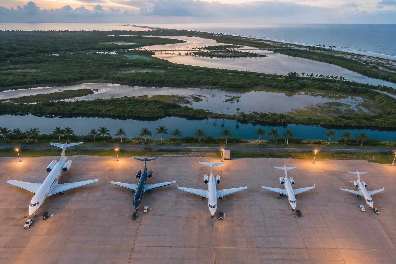 Business jets of different sizes on a ramp